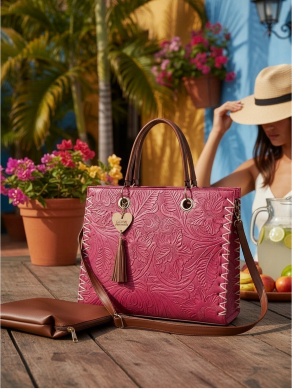 Dusty Rose Floral Embossed LEATHER Artisan Mexican Shoulder Crossbody Handbag
